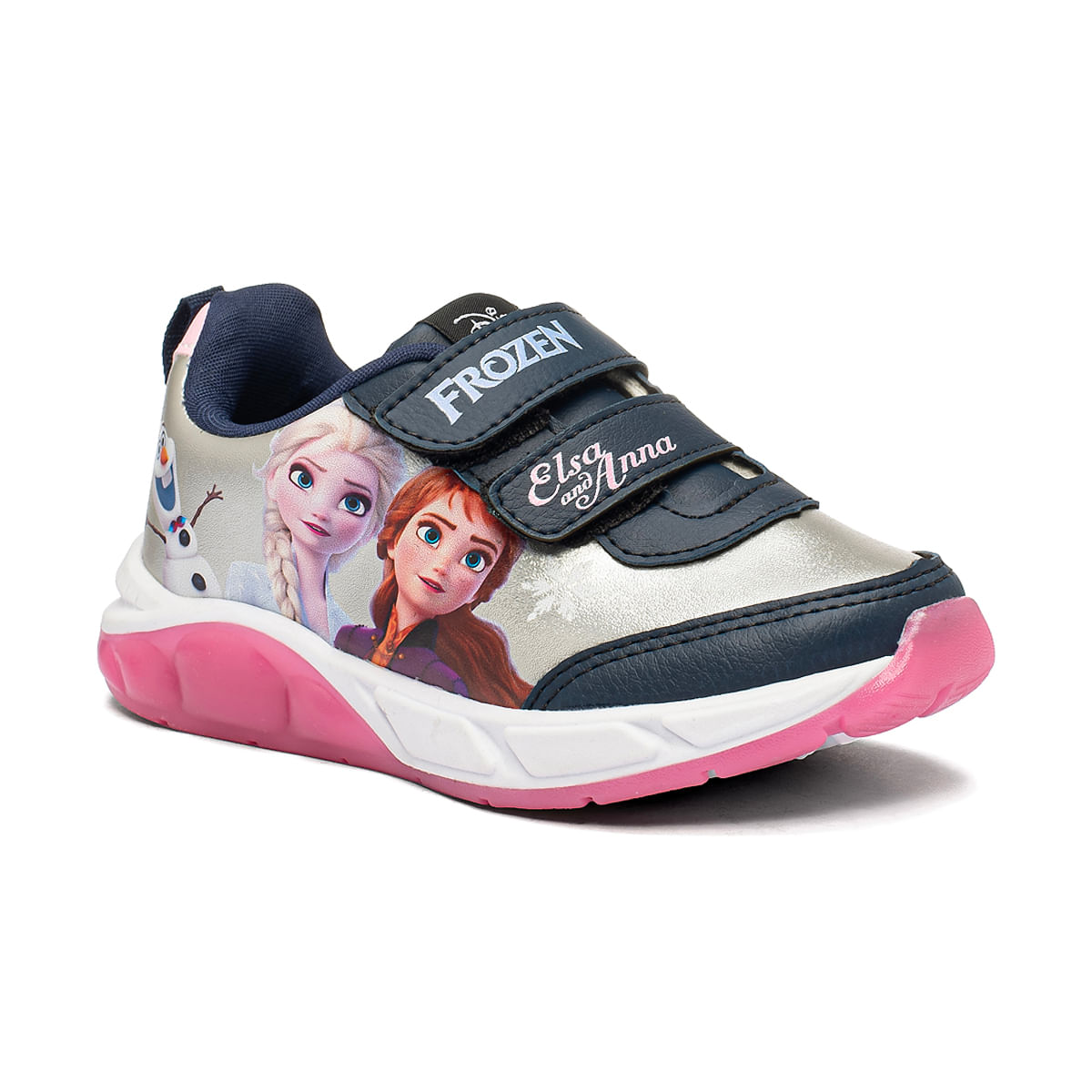 Tênis Dyan Frozen Infantil visto de lado mostrando detalhes do fechamento em velcro e estampa colorida.
